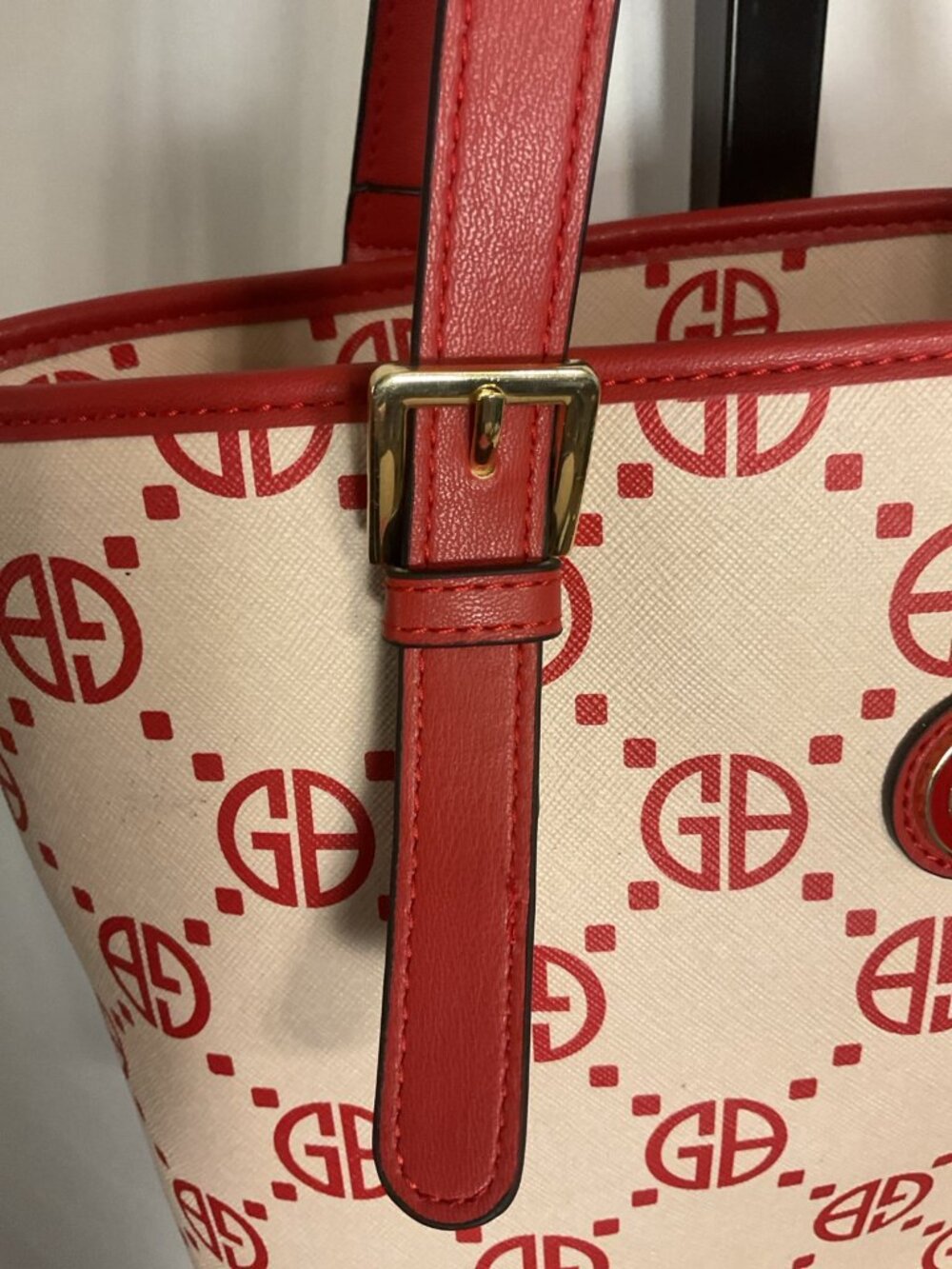 Giani Bernini Red White Monogram Tote Bag Shoulder Purse Zip Pocket Large - Picture 8 of 10